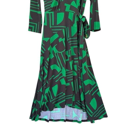 Susan Graver Green Black Geometric Print Knit 3/4 Sleeve Wrap Belted Dress Small - Picture 7 of 10